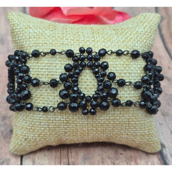 Black Glass Crystal Jewelry Set Choker Necklace Wide Bracelet Goth Witchy Formal - Picture 3 of 10